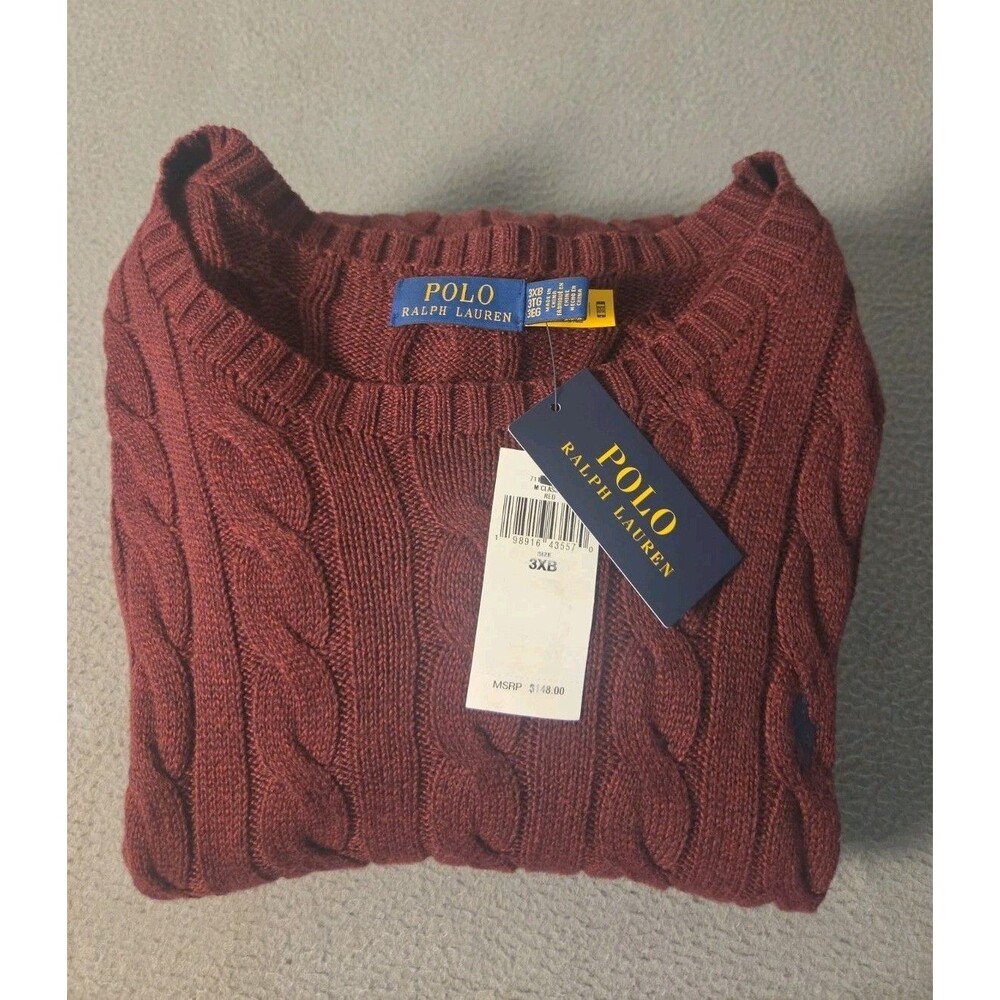 Polo Ralph Lauren Men’s 3XB Red Sweater Cable Knit Crew Neck Cotton Pony NWT